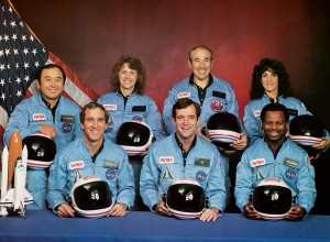 circa 1985:  The crew of the disastrous STS 51-L mission: (back row, left to right) Ellison S Onizuka, Sharon Christa McAuliffe, Gregory B Jarvis, Judith A Resnik, (front row, left to right) Michael J Smith, Francis R Scobee and Ronald E McNair. All seven were killed when the Challenger shuttle exploded during take-off on 28th January 1986.  (Photo by NASA/Space Frontiers/Getty Images)